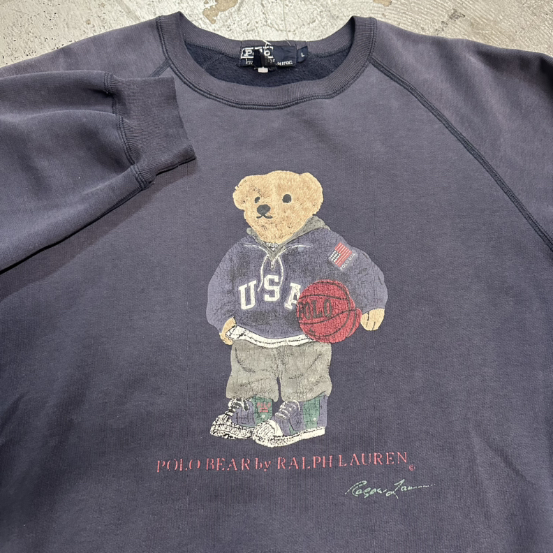 Vintage Polo Ralph Lauren Bear Basketball Faded Navy Sweatshirt Large Grunge