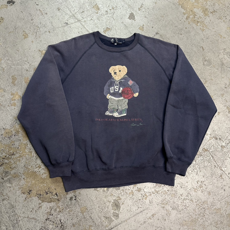 Vintage Polo Ralph Lauren Bear Basketball Faded Navy Sweatshirt Large Grunge