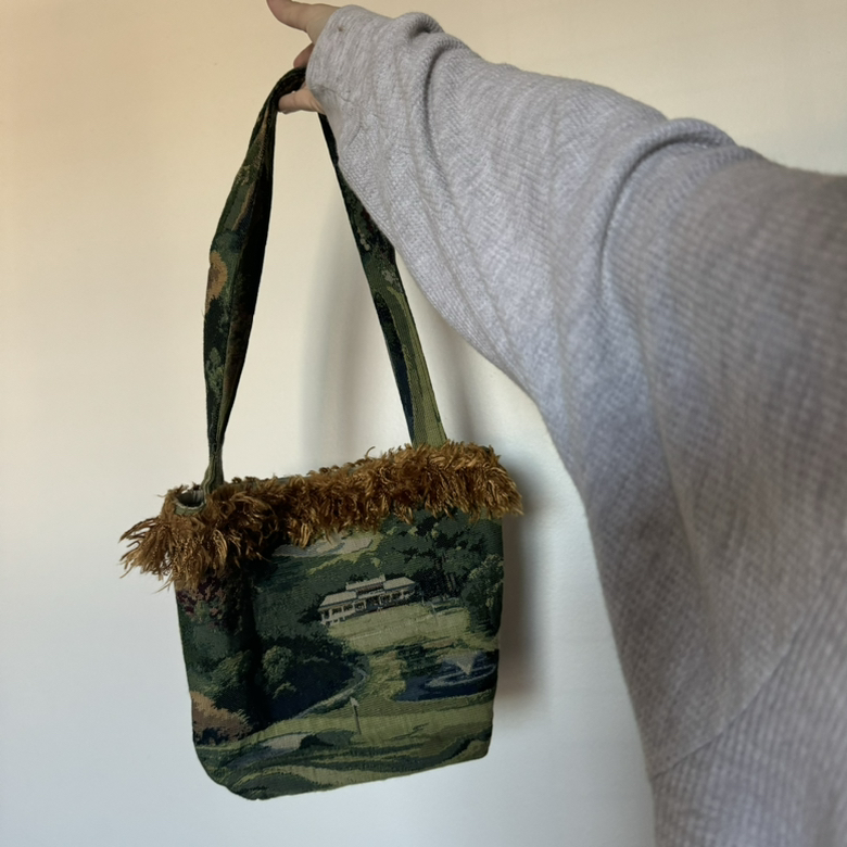 Vintage Tapestry Bag with Country House Design