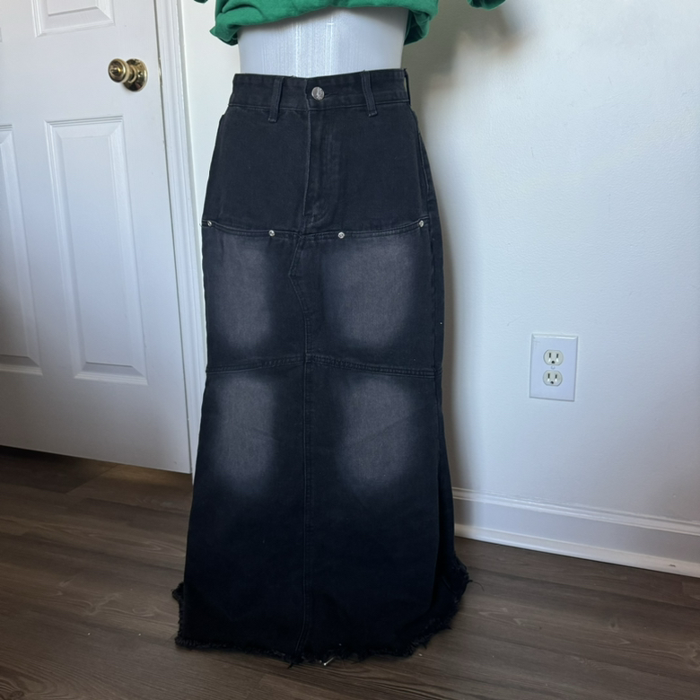 Black Denim Maxi Skirt with Panels