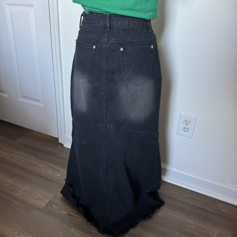 Black Denim Maxi Skirt with Panels