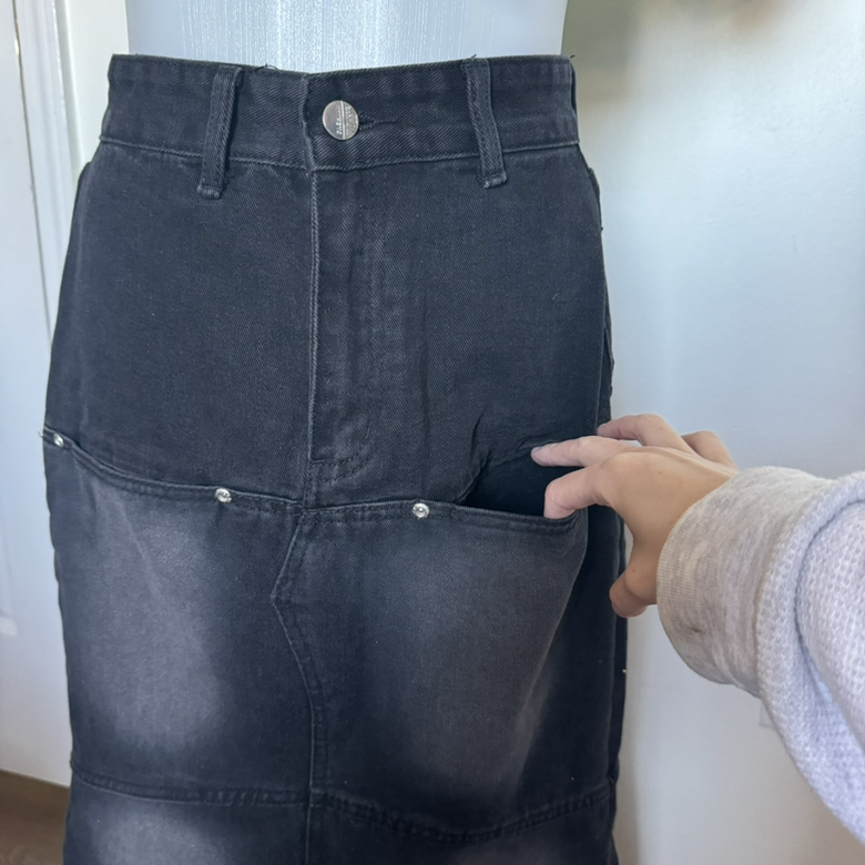 Black Denim Maxi Skirt with Panels