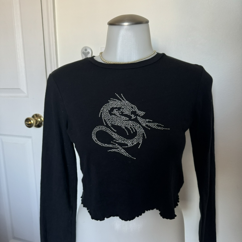 Urban Outfitters Rhinestone Dragon Long Sleeved Baby Tee Size XS