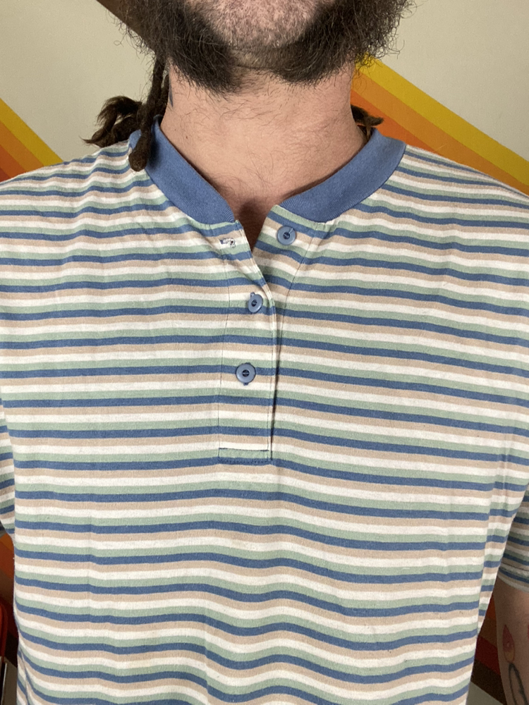 Vintage 90’s Striped Blue And Tan Short Sleeve Mock Collar Quarter Button T-Shirt