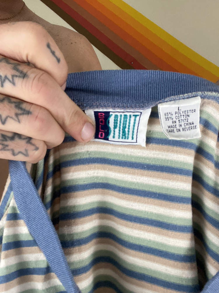 Vintage 90’s Striped Blue And Tan Short Sleeve Mock Collar Quarter Button T-Shirt