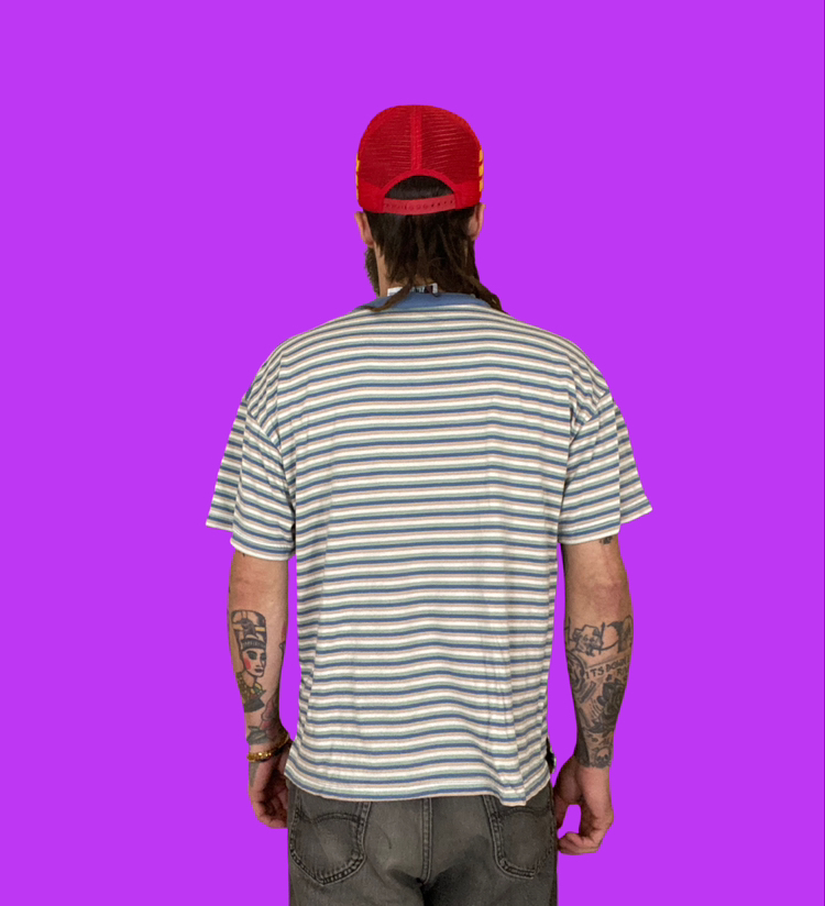 Vintage 90’s Striped Blue And Tan Short Sleeve Mock Collar Quarter Button T-Shirt