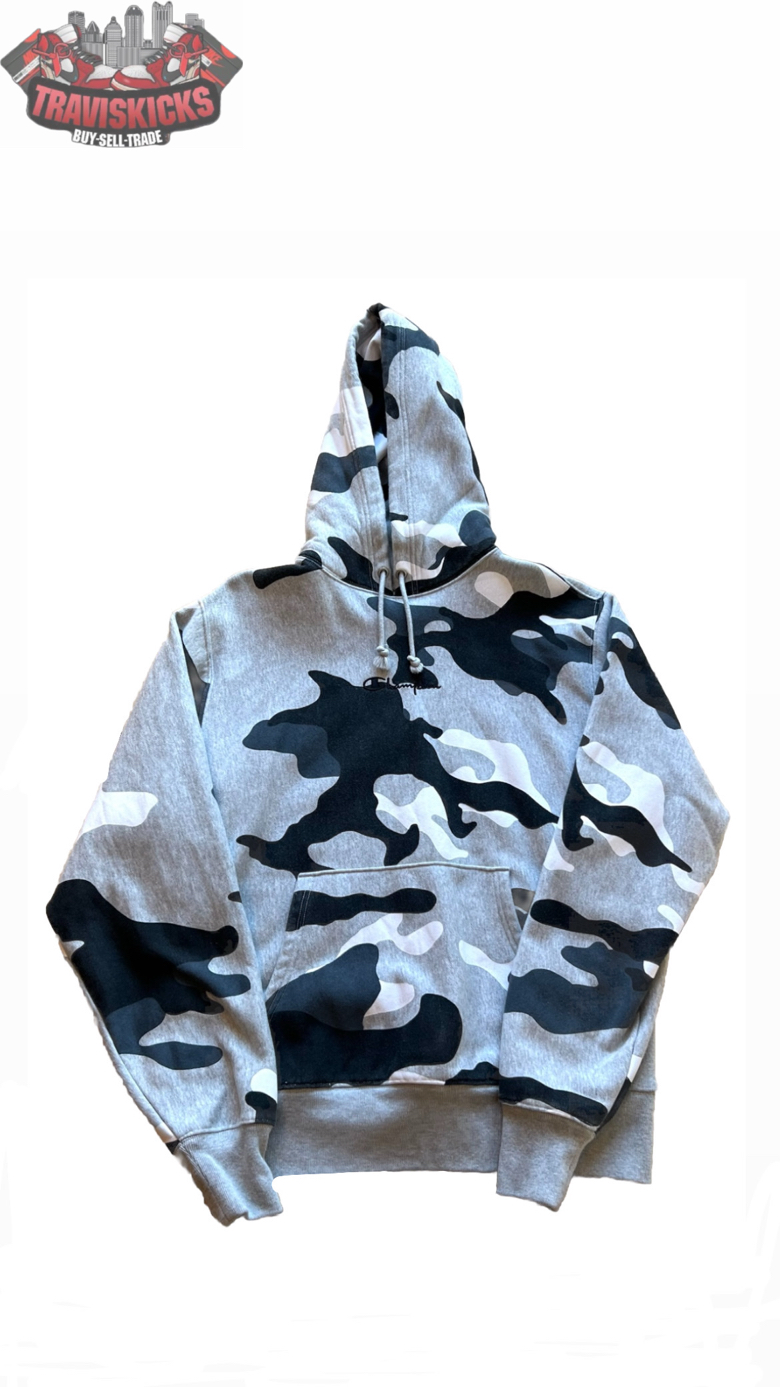 Champion Reverse Weave Hoodie Grey/Blue Camo Pullover Size Large Pre-Owned