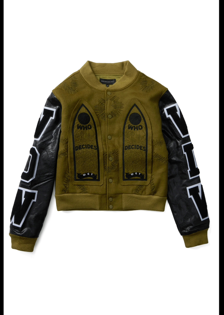 WHO DECIDES WAR Namesake Varsity Olive Jacket