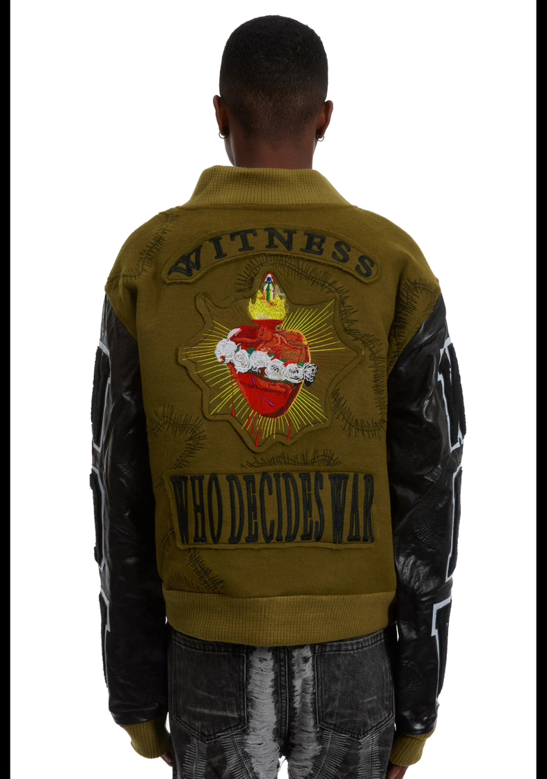 WHO DECIDES WAR Namesake Varsity Olive Jacket