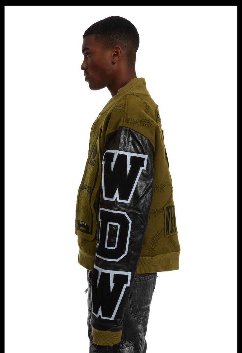 WHO DECIDES WAR Namesake Varsity Olive Jacket