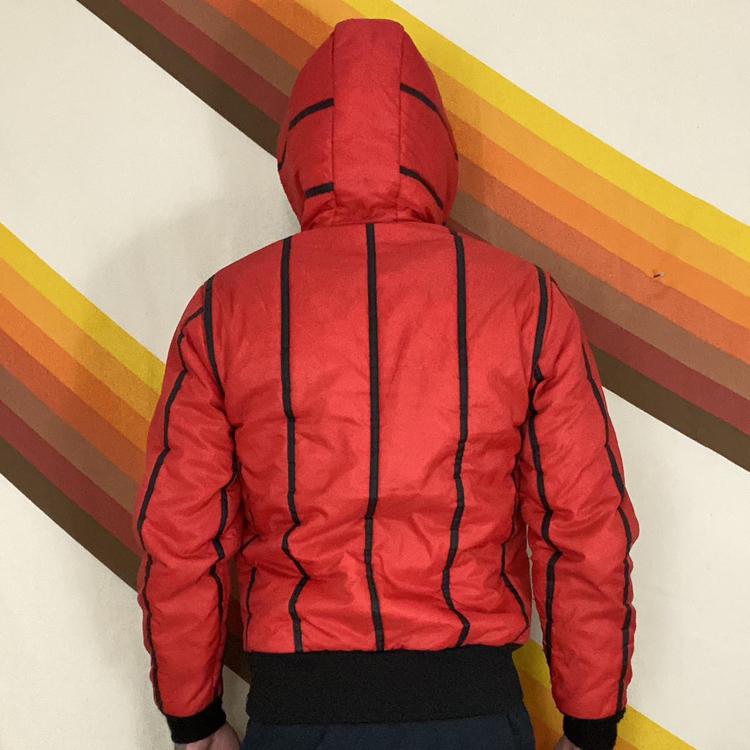 Vintage 70’s Red And Black Striped Retro Hooded Parka Winter Jacket