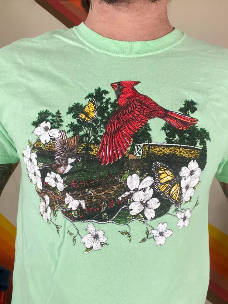 Vintage 90’s Cardinal Bird Floral Nature Animal Neon Green Cottagecore T-Shirt