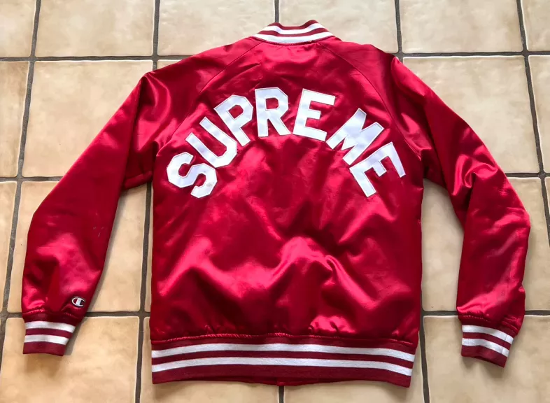 Vintage Supreme X Champion Satin Varsity Jacket Red SS13 Size Medium Pre-Owned