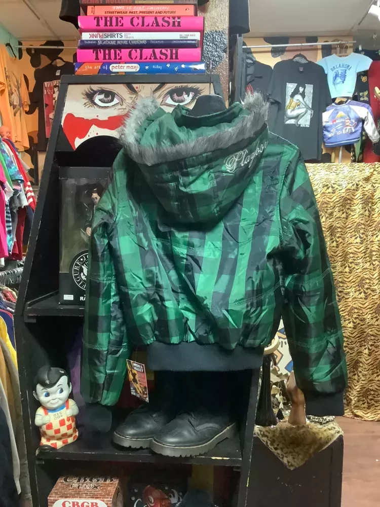 Vintage Y2K Green/BL Buff/Check Jacket w/Fur Hoodie