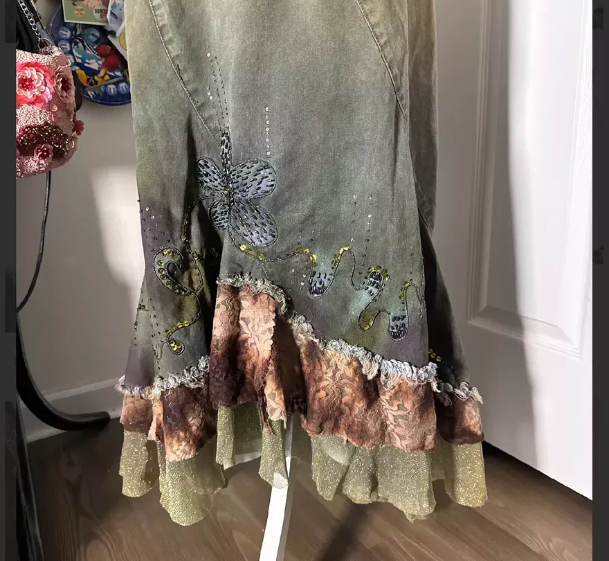 Embroidered Denim Frayed Skirt