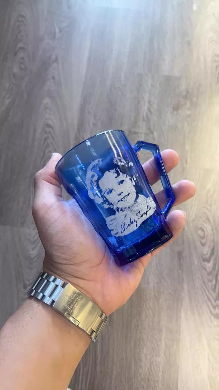 Shirley Temple Etched Blue Glass Mug