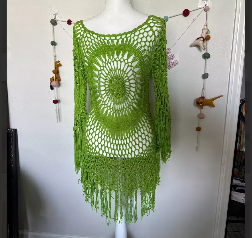 Lime Crochet Fringe Cover-Up
