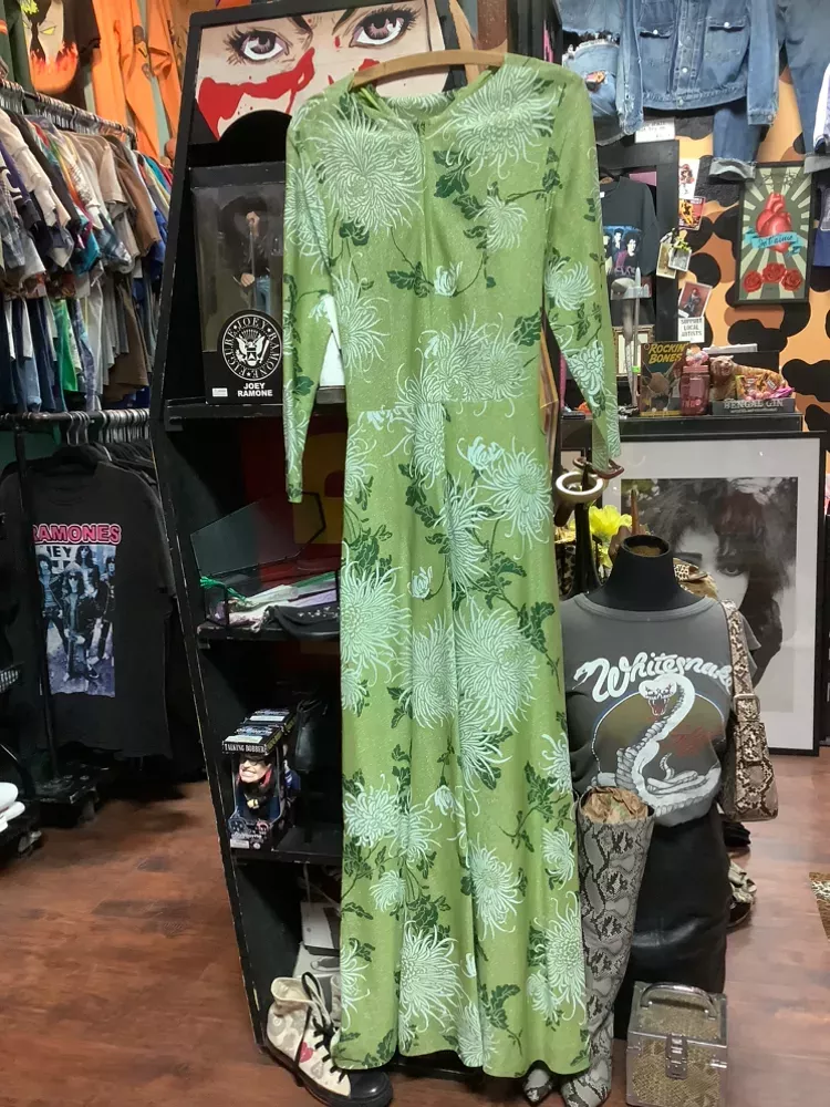 Vintage Lime SparKLy Chrysanthemum Floral Maxi Dress