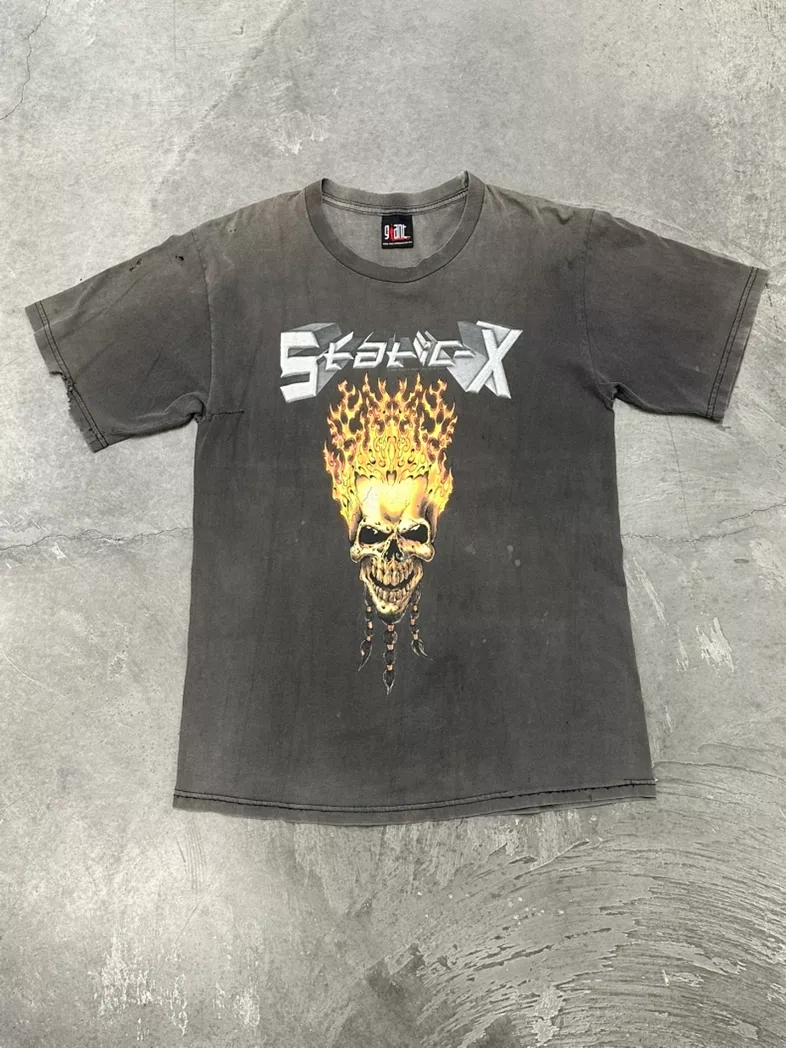 Vintage Static-X Band Tee Skull Flame Graphic