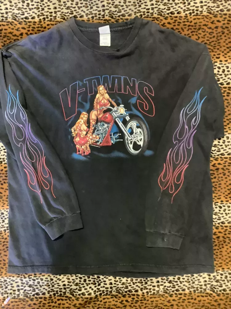 Vintage V-Twins Motorcycle Long Sleeve Multi CoLor Ghost FLamesShirt