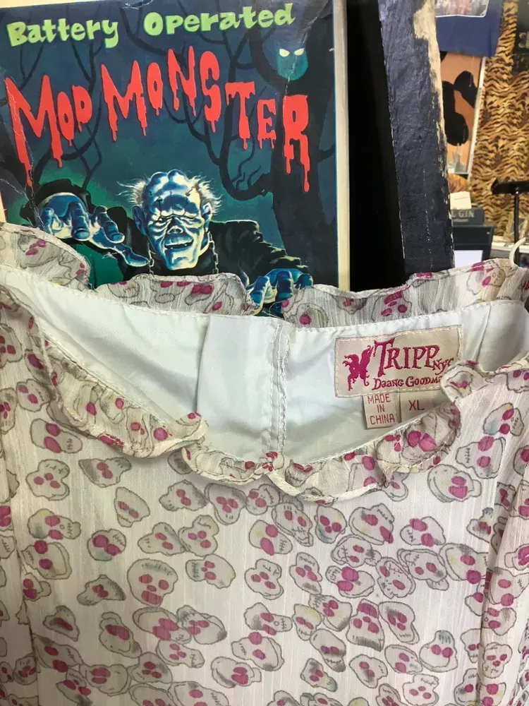 Vintage Tripp Nyc Skull Print Ruffle Trim Mini Dress