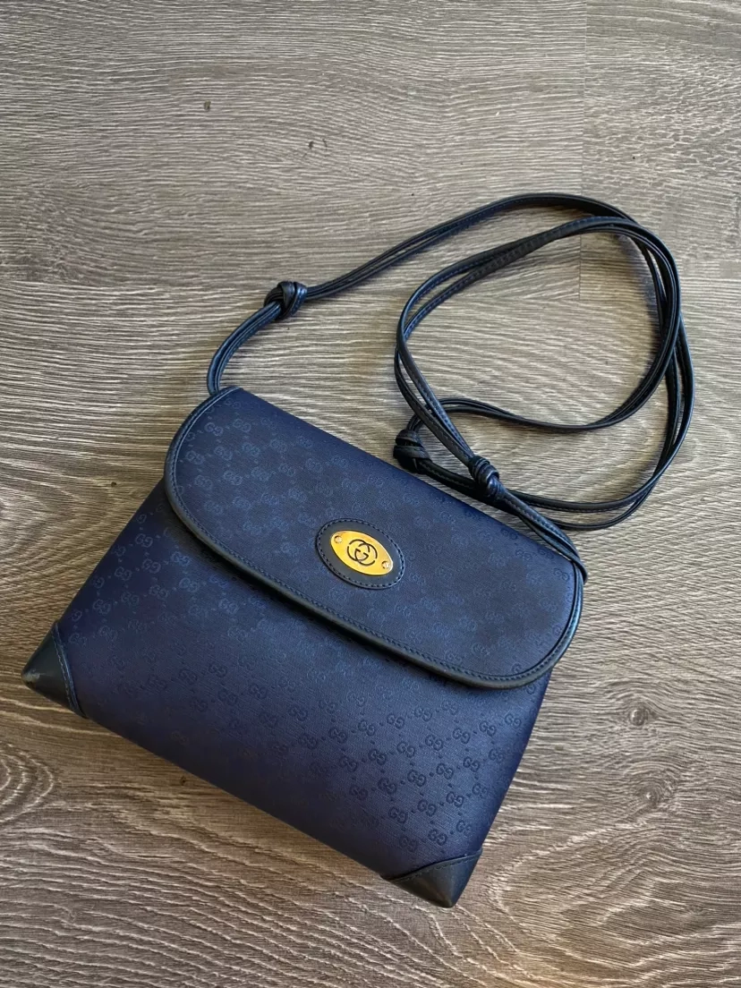 Gucci Vintage Monogram Clutch Hand Bag Purse Navy Blue