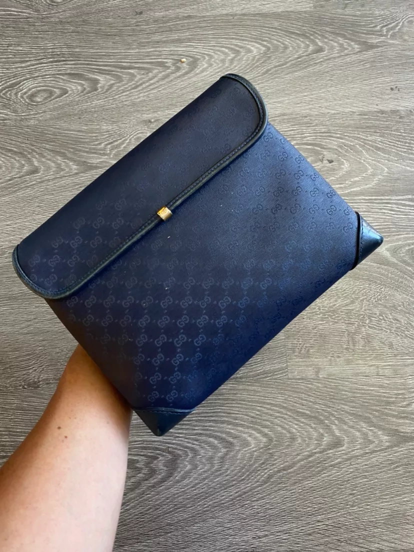 Gucci Vintage Monogram Clutch Hand Bag Purse Navy Blue