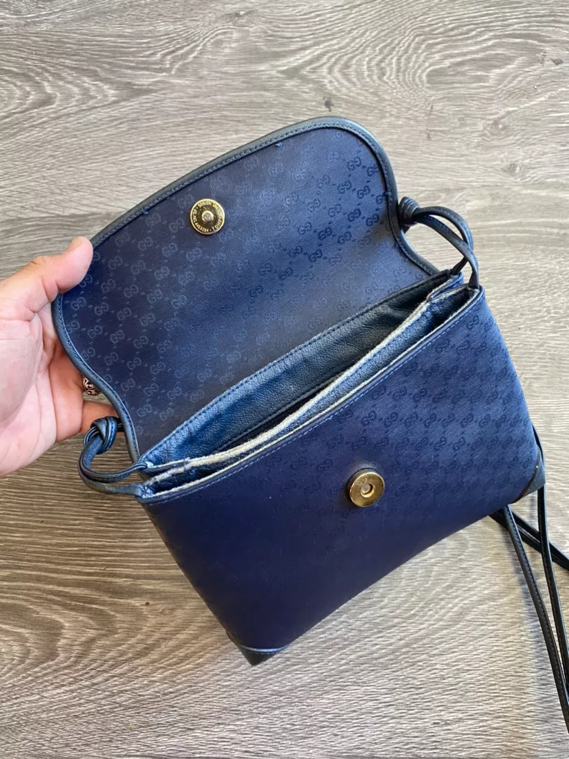 Gucci Vintage Monogram Clutch Hand Bag Purse Navy Blue
