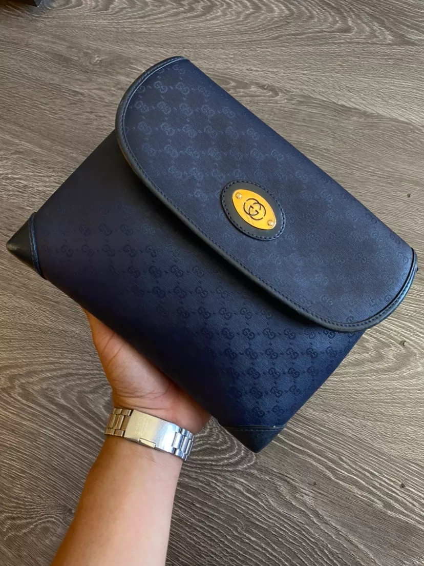 Gucci Vintage Monogram Clutch Hand Bag Purse Navy Blue