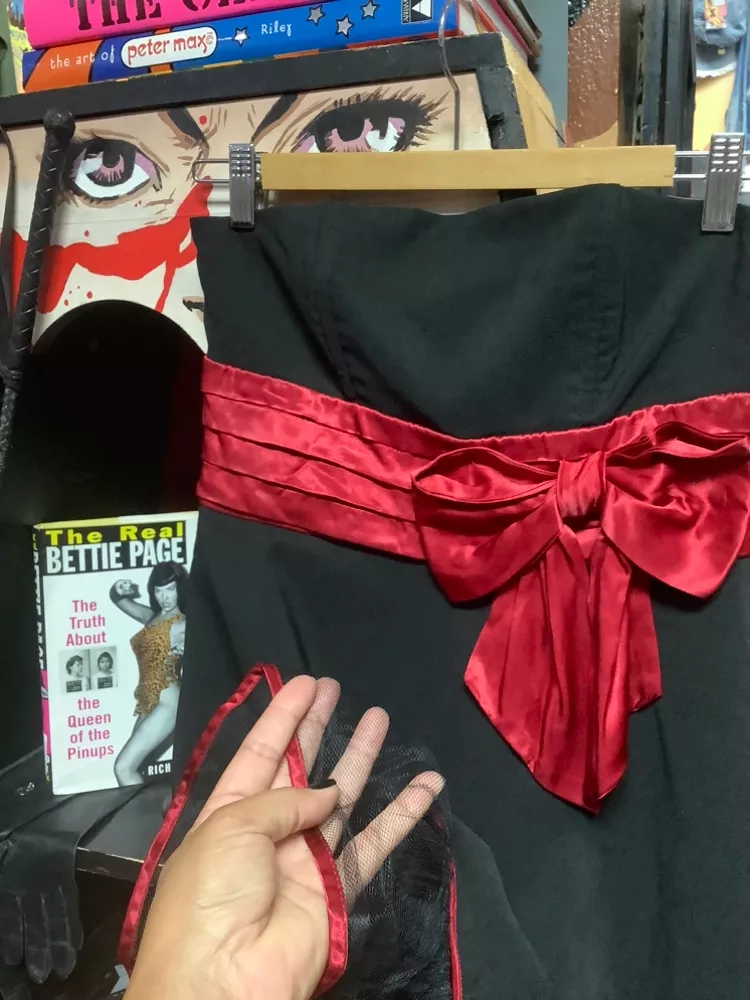 Vintage Black Strapless Dress with Red Bow