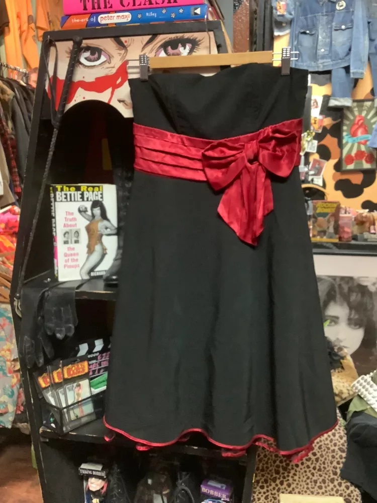 Vintage Black Strapless Dress with Red Bow