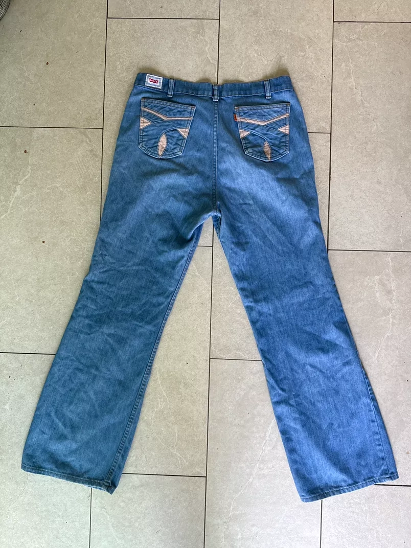 Vintage 1978 Levi’s SF 207 Wide Leg Jeans Corduroy Inlay Pockets Blue Denim