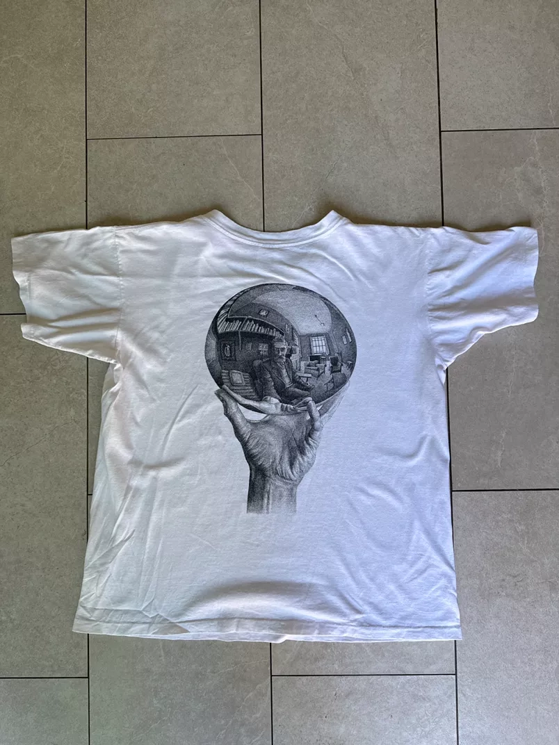 90s M.C. Escher “Hand with Reflecting Sphere” T-Shirt Front & Back Hit Andazia USA L