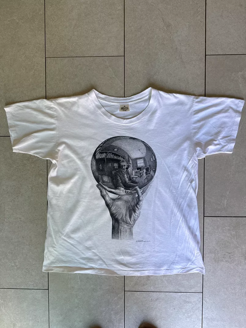 90s M.C. Escher “Hand with Reflecting Sphere” T-Shirt Front & Back Hit Andazia USA L