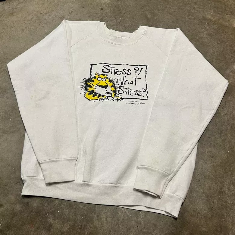 Vintage 90s 'Stress?! What Stress?' Funny Cat Crewneck Sweatshirt