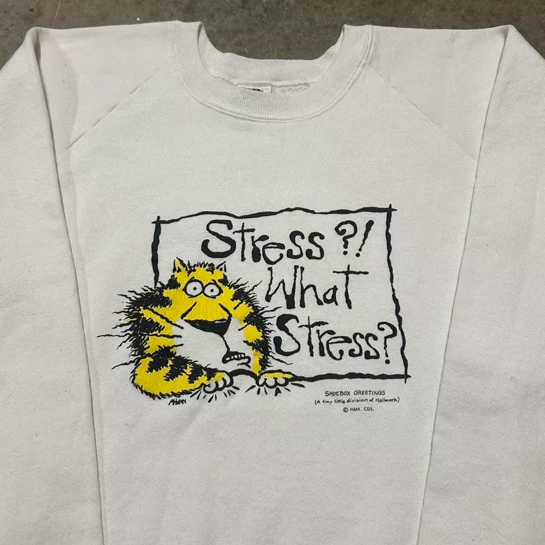 Vintage 90s 'Stress?! What Stress?' Funny Cat Crewneck Sweatshirt
