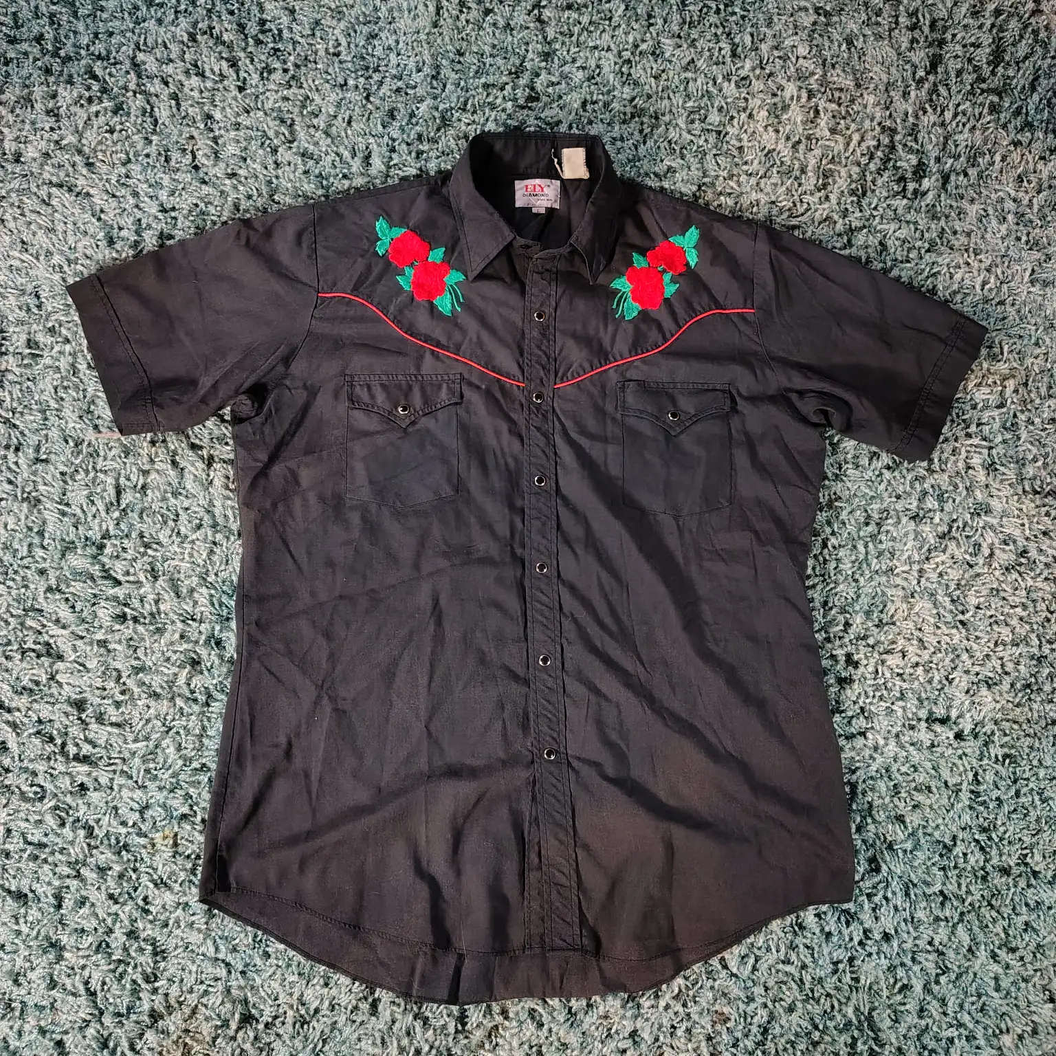 Ely Diamond Cattleman Black Western Shirt embroidered pearl snap Sz Large