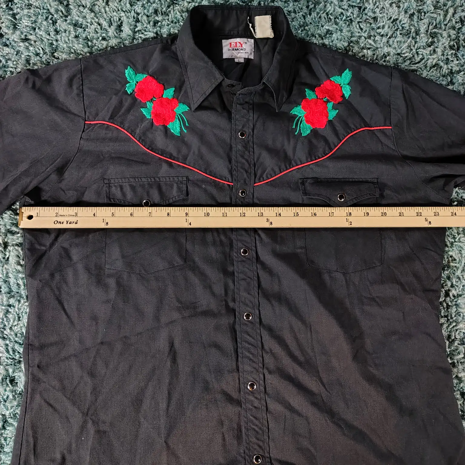Ely Diamond Cattleman Black Western Shirt embroidered pearl snap Sz Large