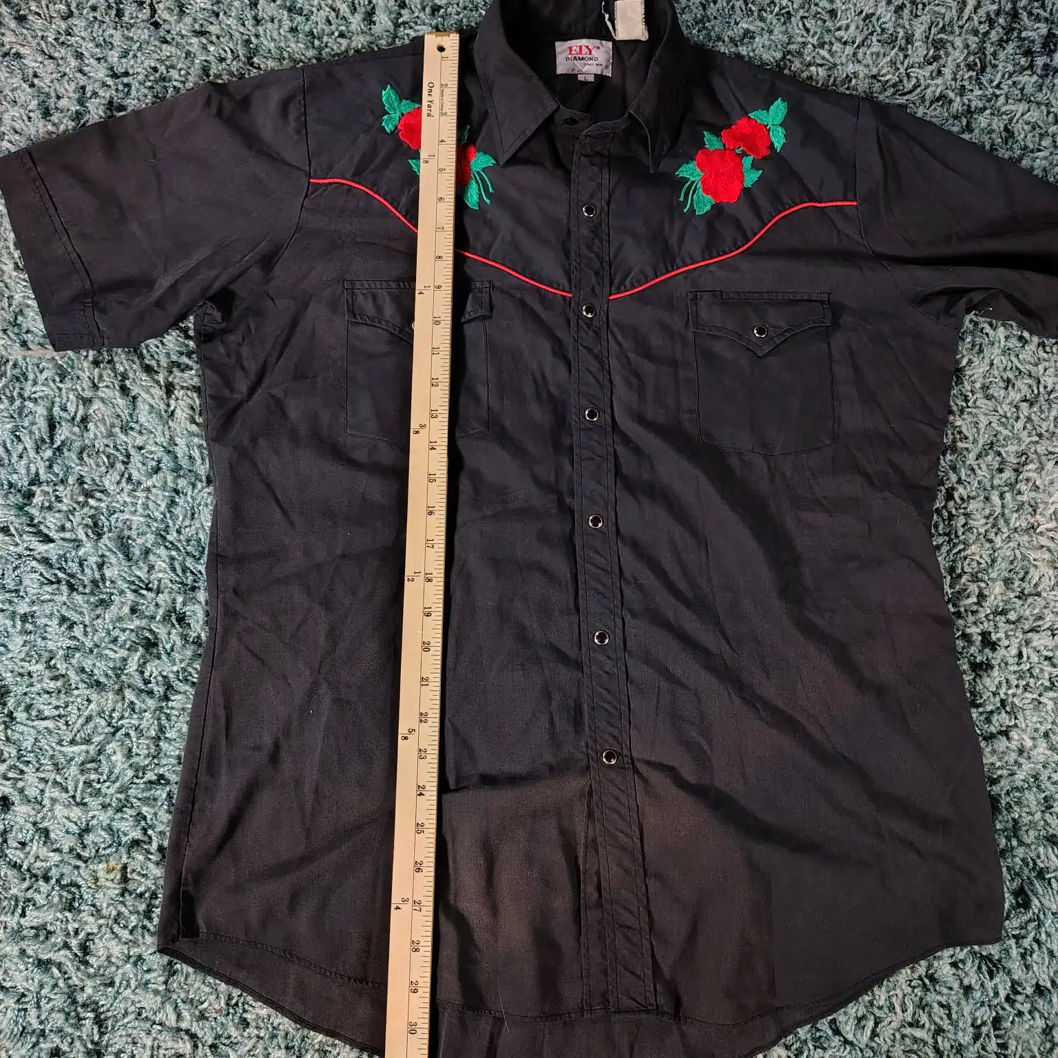 Ely Diamond Cattleman Black Western Shirt embroidered pearl snap Sz Large