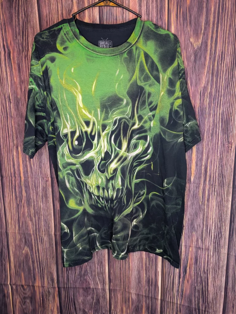 Social Media Green Skull Tee AOP Sz XL