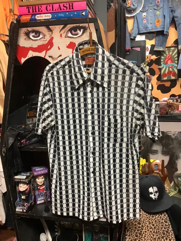 Vintage Black & White Patterned Button-Down Shirt