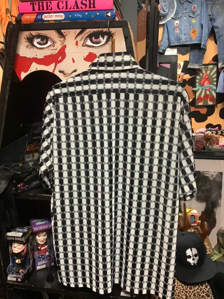 Vintage Black & White Patterned Button-Down Shirt