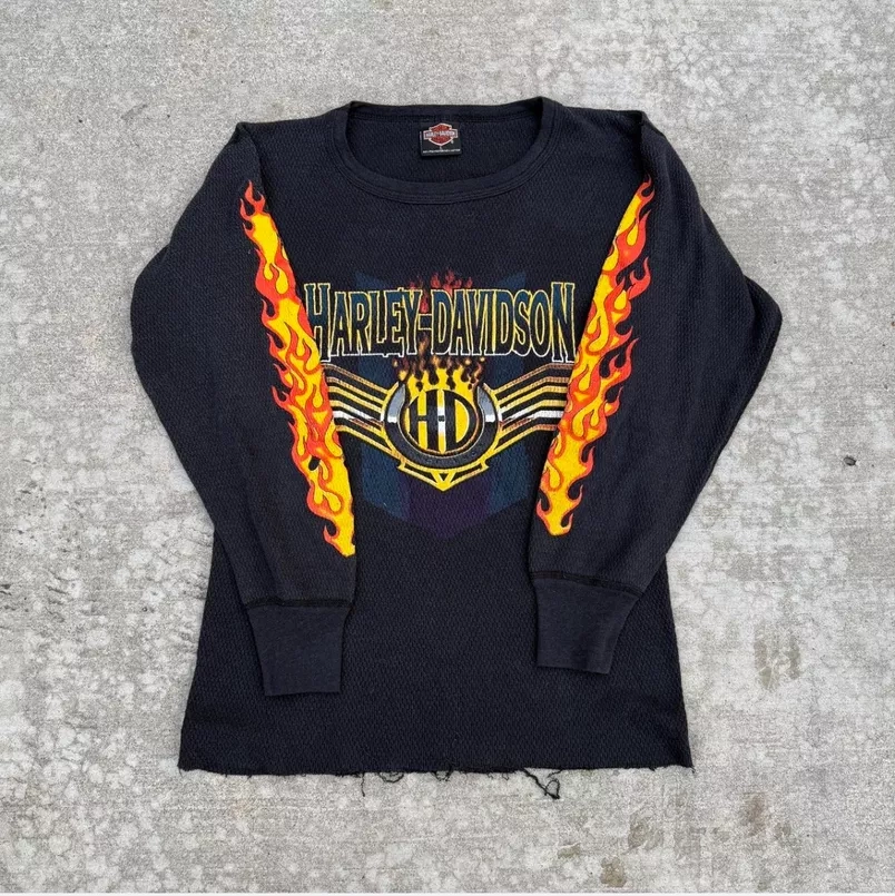 80s Harley-Davidson Flames Long Sleeve waffle Thermal