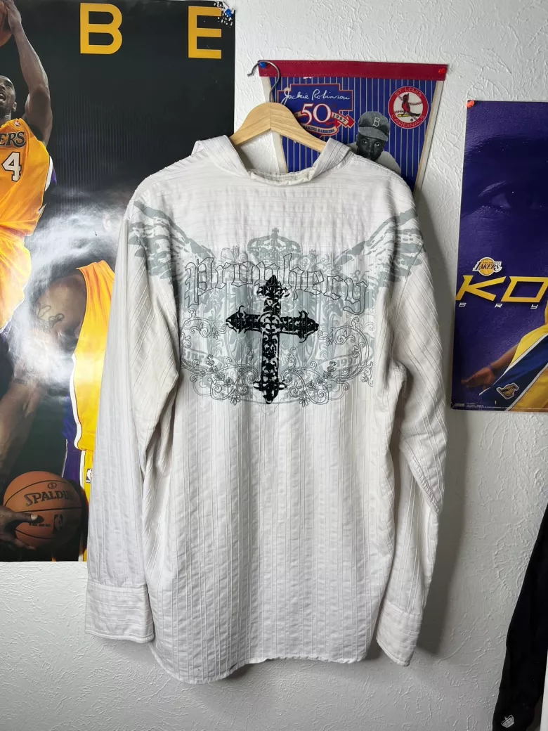 Vintage Striped Long Sleeve Button-Up Shirt with Cross