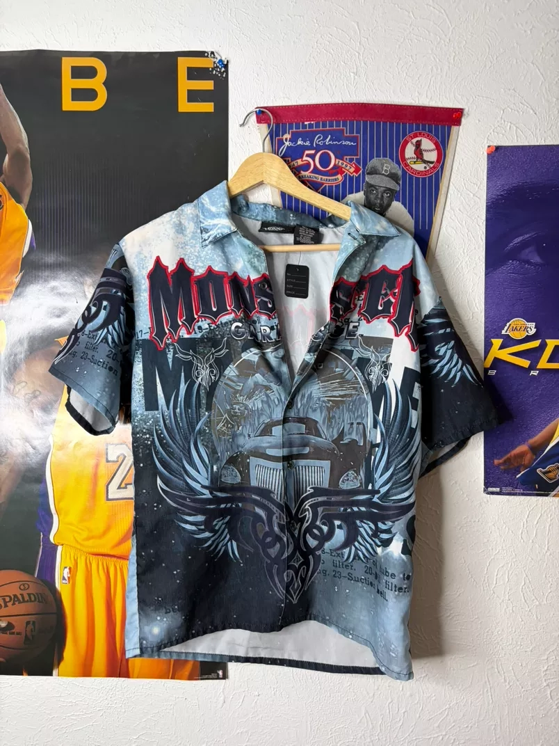 Vintage Monster Graphics Short Sleeve Button-Up Shirt