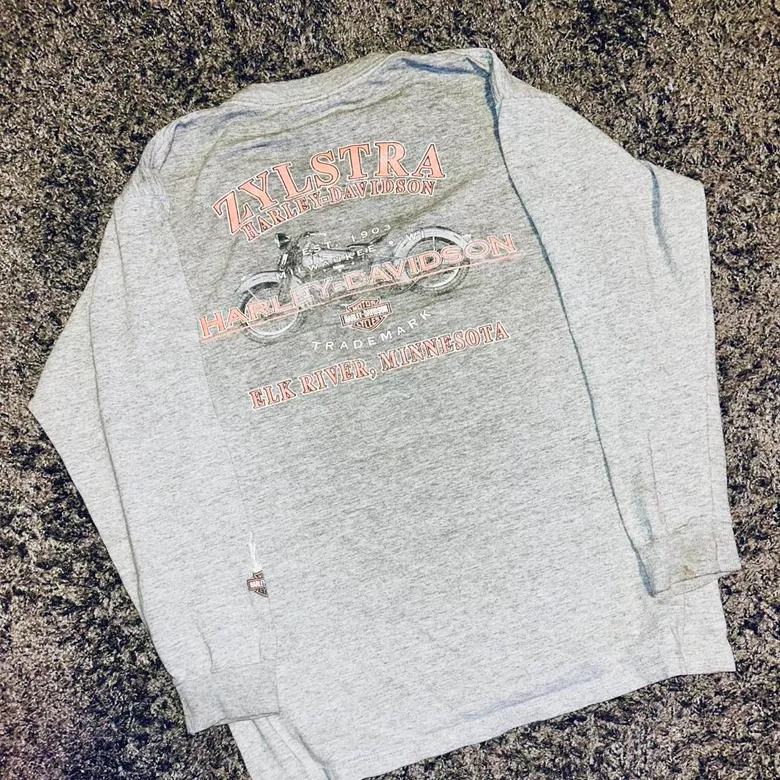 Vintage faded Harley-Davidson Grey Long Sleeve lightning sleeve hit Graphic T-Shirt