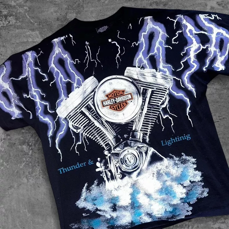 Rare Vintage Harley Davidson Thunder & Lightning T-Shirt Boot