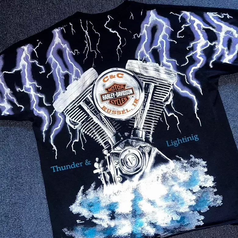 Rare Vintage Harley Davidson Thunder & Lightning T-Shirt Boot