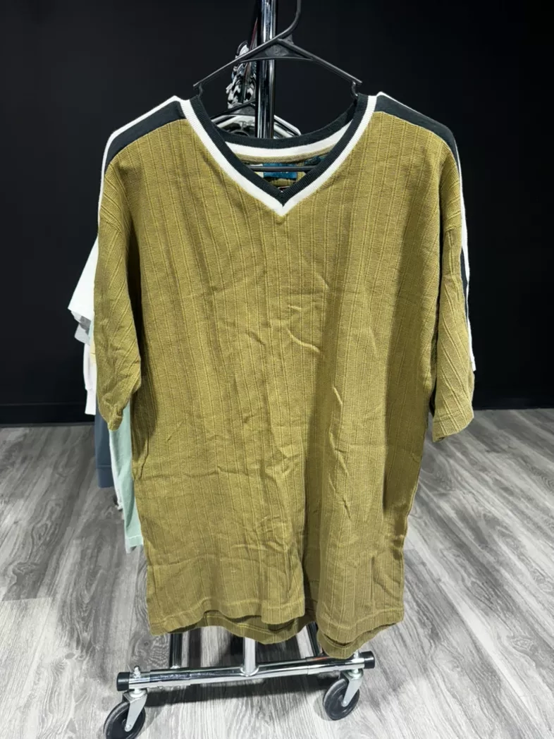 Y2K Olive Ribbed V-Neck T-Shirt
