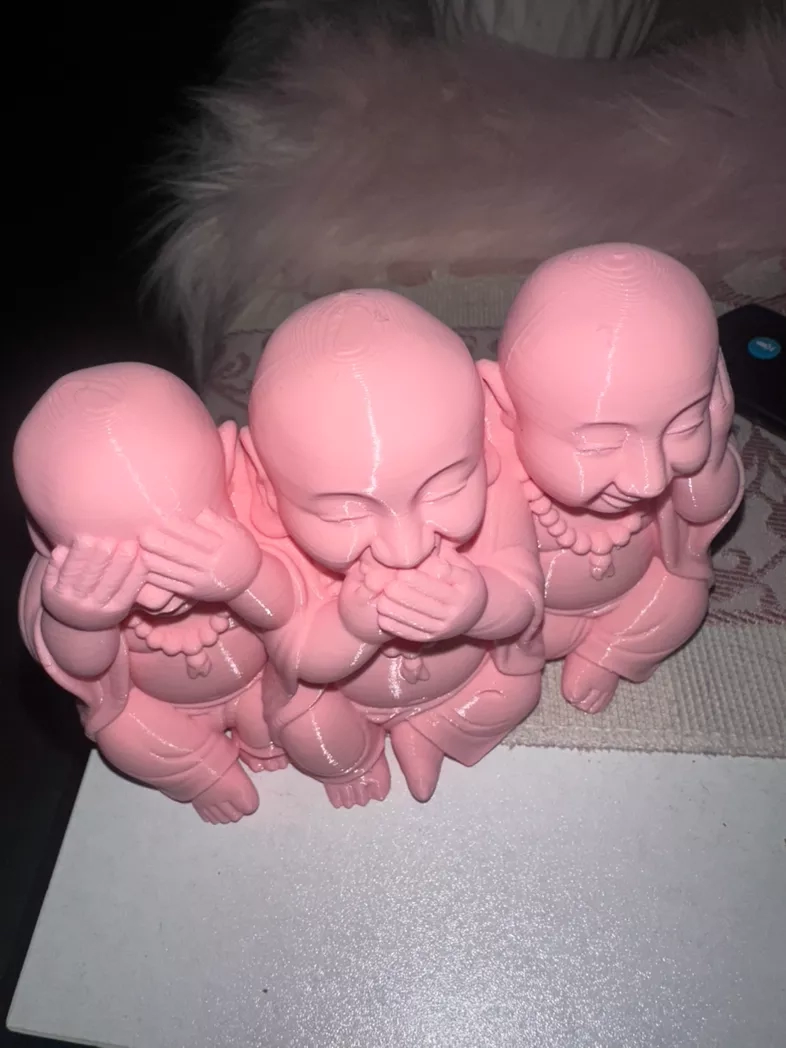 Three Pink Laughing Buddha Figurines - See, Speak, Hear No Evil